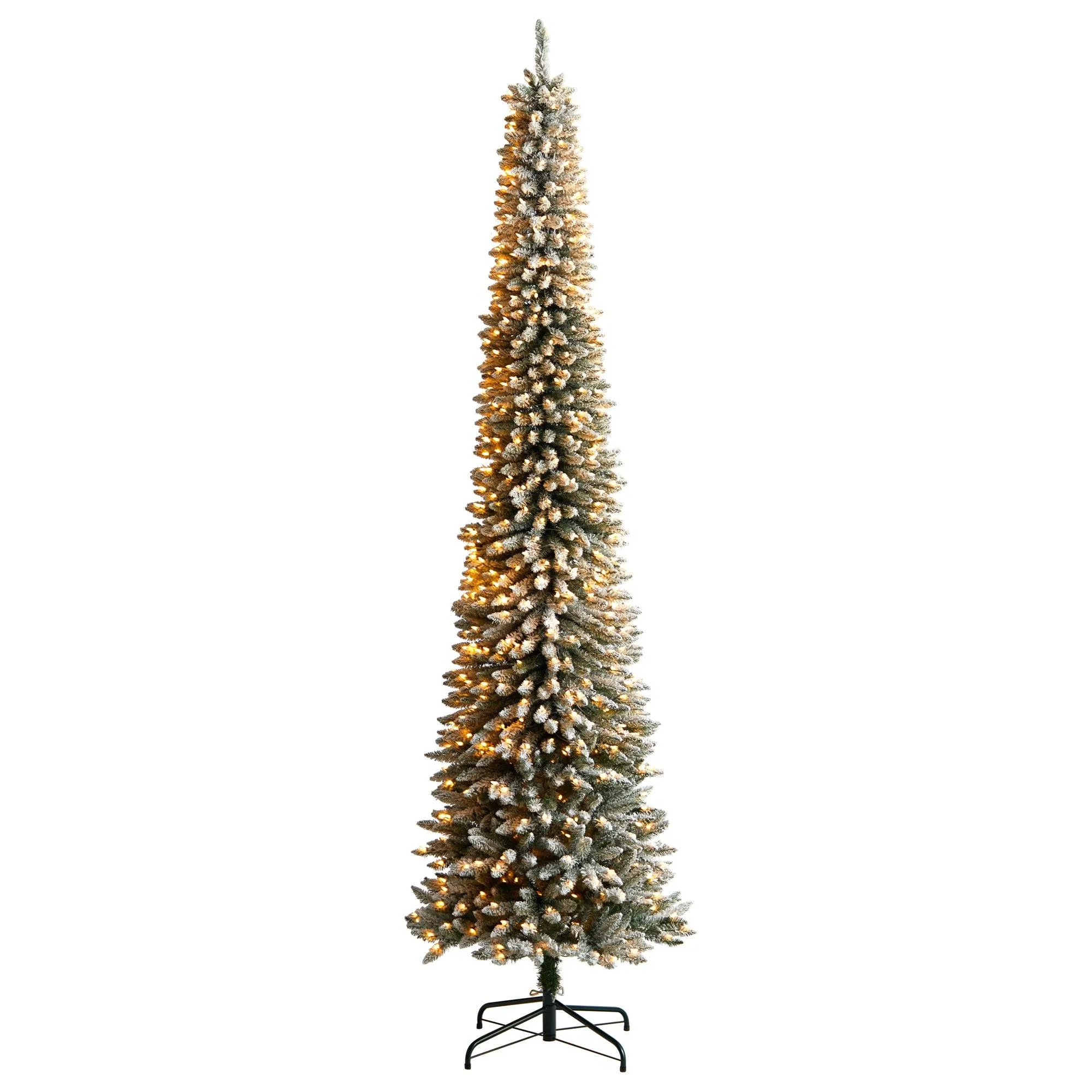 10’ Flocked Pencil Artificial Christmas Tree with 700 Clear Lights and 1145 Bendable Branches