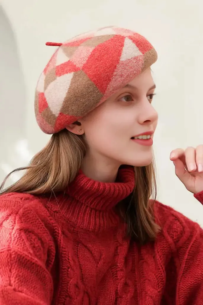 100% Wool Color Block Plaid French Beret