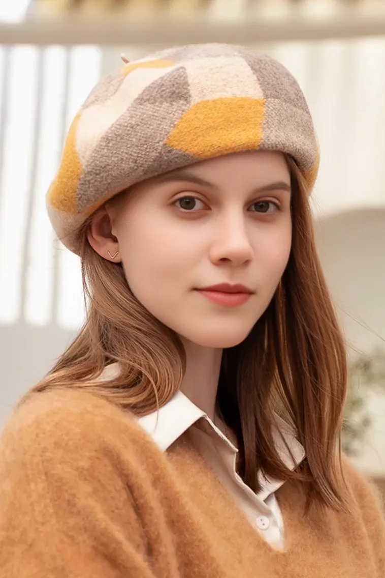 100% Wool Color Block Plaid French Beret