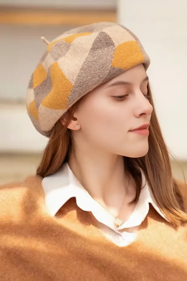 100% Wool Color Block Plaid French Beret