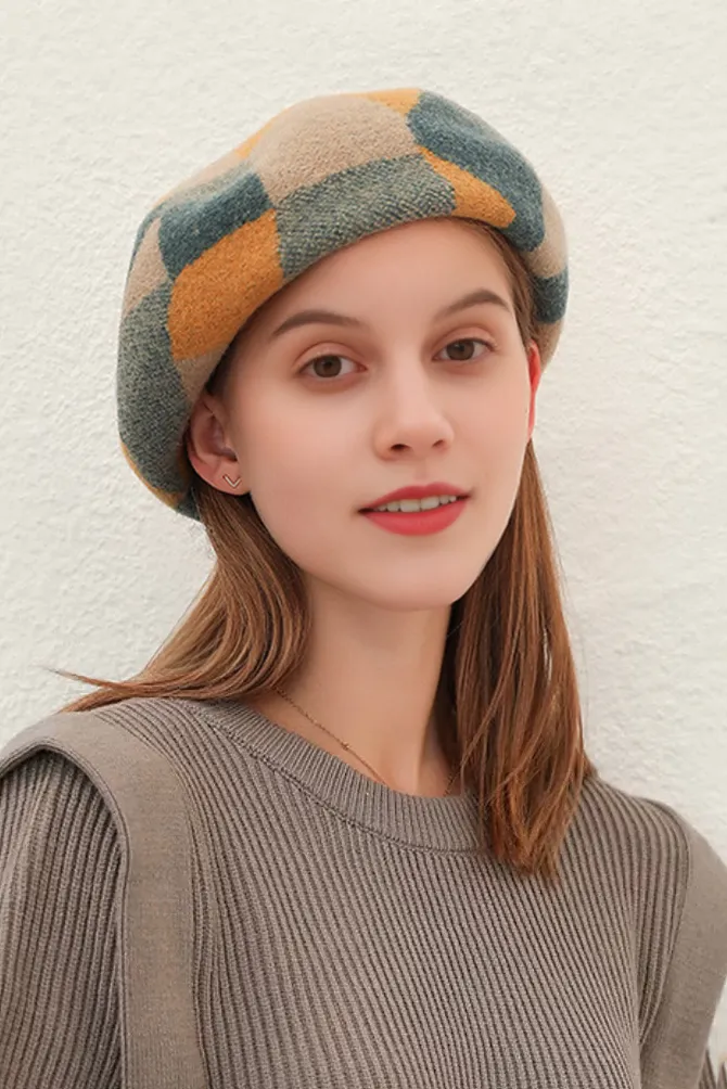 100% Wool Color Block Plaid French Beret