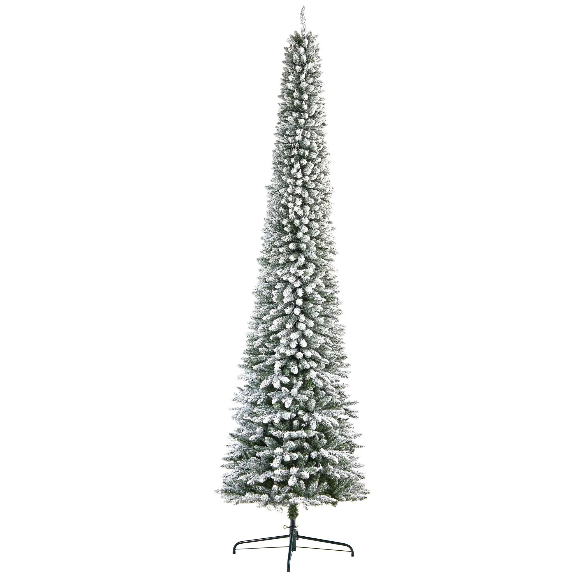 11’ Flocked Pencil Artificial Christmas Tree with 850 Clear Lights and 1435 Bendable Branches