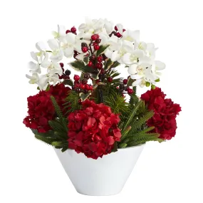 18” Phalaenopsis Orchid, Hydrangea, Cactus and Holly Berry Artificial Arrangement in Vase