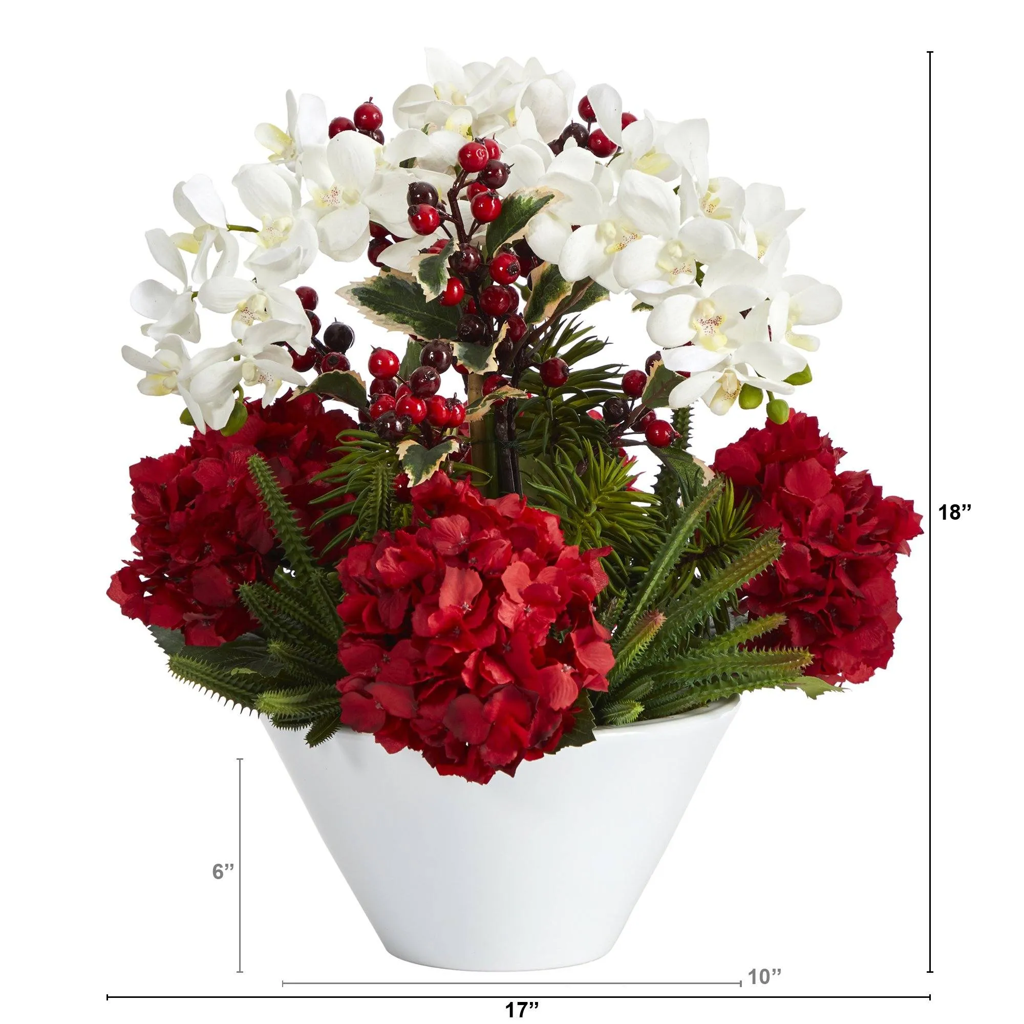 18” Phalaenopsis Orchid, Hydrangea, Cactus and Holly Berry Artificial Arrangement in Vase