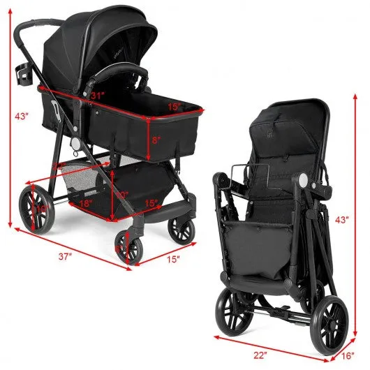 2-in-1 Foldable Pushchair Newborn Infant Baby Stroller-Black