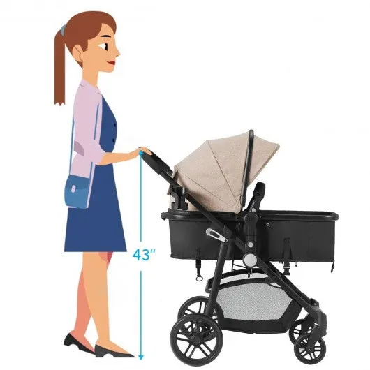 2-in-1 Foldable Pushchair Newborn Infant Baby Stroller-Coffee