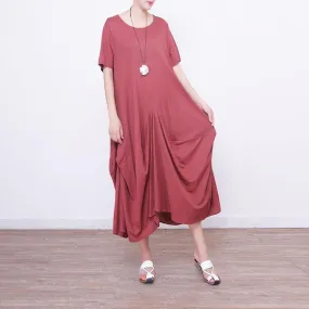 2018 red linen dress oversize short sleeve traveling dress vintage asymmetric maxi dresses