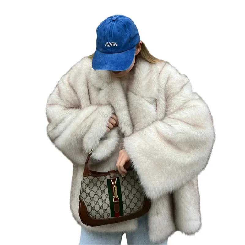 2024 Winter Ins Hot Fashion Girls Oversized Gradient Fur Coat Women Thick Warm Outerwear Fluffy Faux Fox Fur Jacket