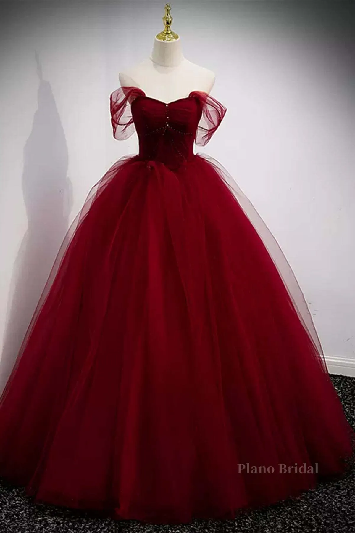 A Line Spaghetti Straps Beaded Burgundy Tulle Long Prom Dresses, Long Burgundy Formal Evening Dresses