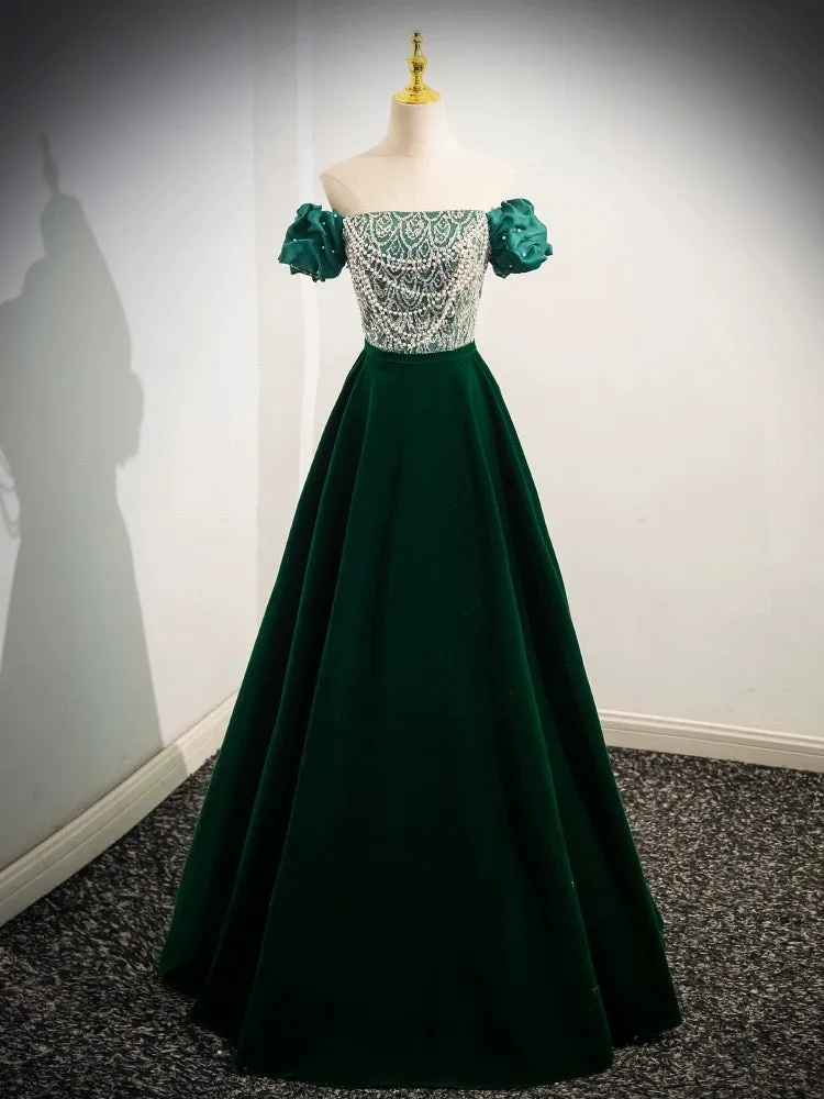 A-Line Velvet Sequin Beads Green Long Prom Dress, Velvet Green Long Formal Dress