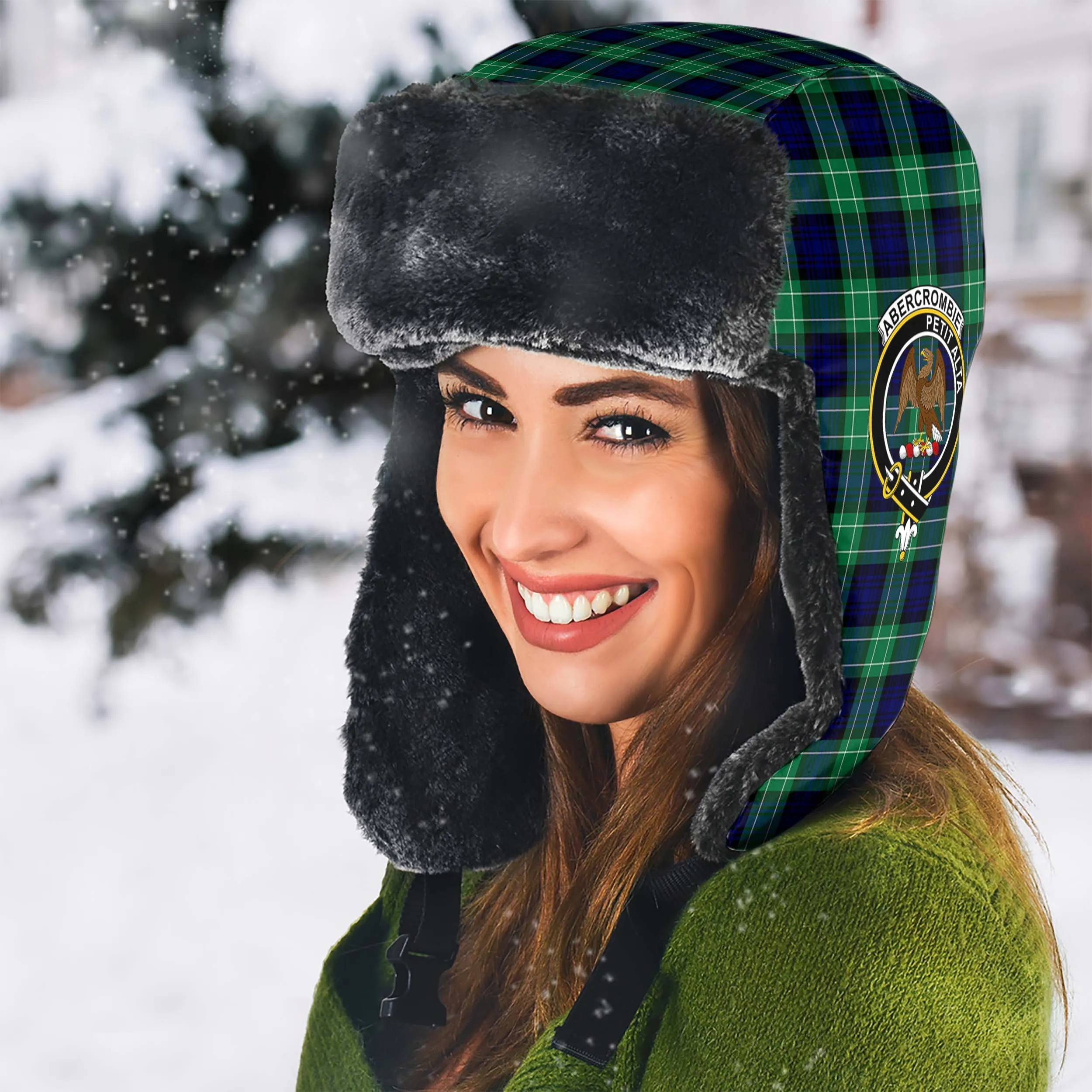 Abercrombie Tartan Winter Trapper Hat with Family Crest