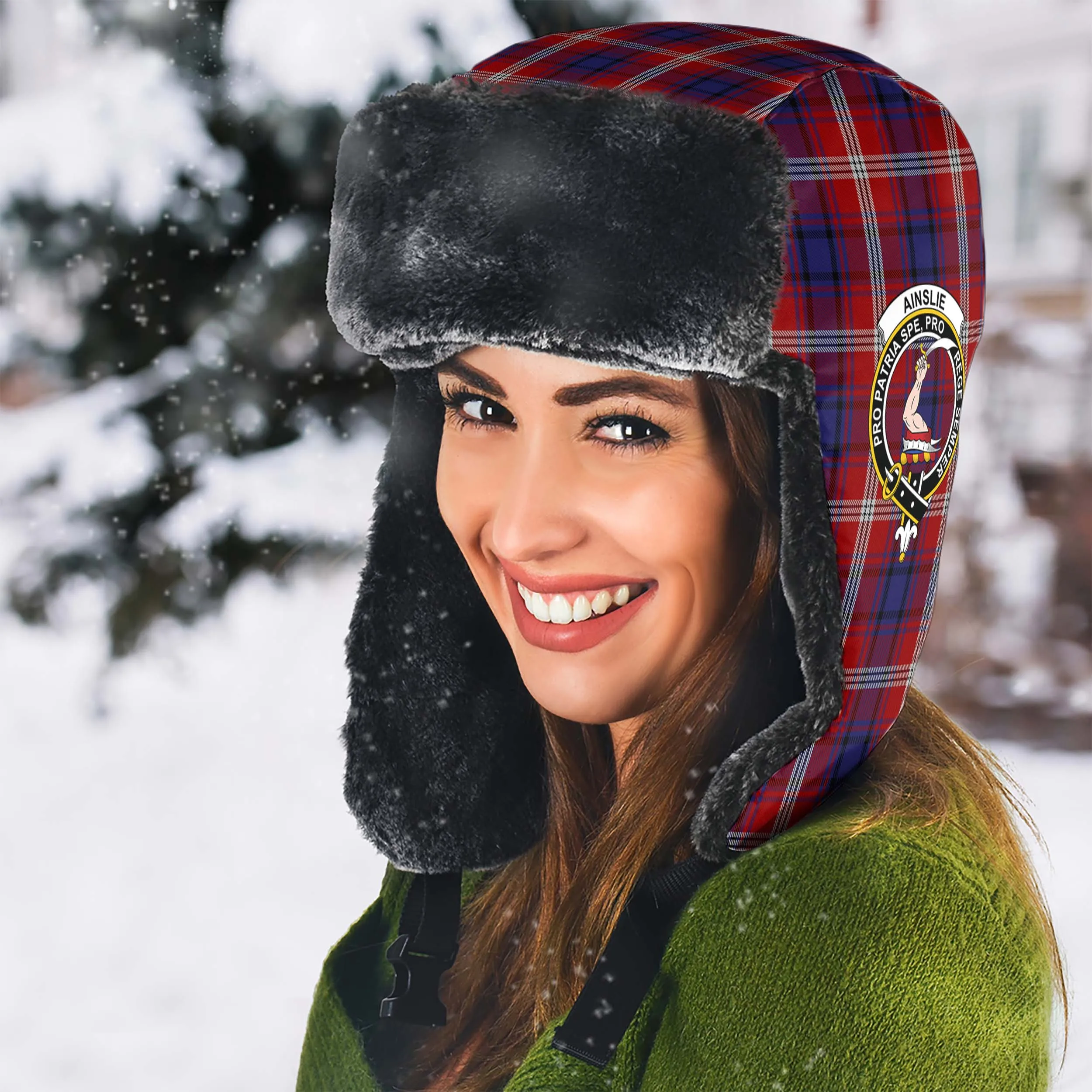 Ainslie Tartan Winter Trapper Hat with Family Crest