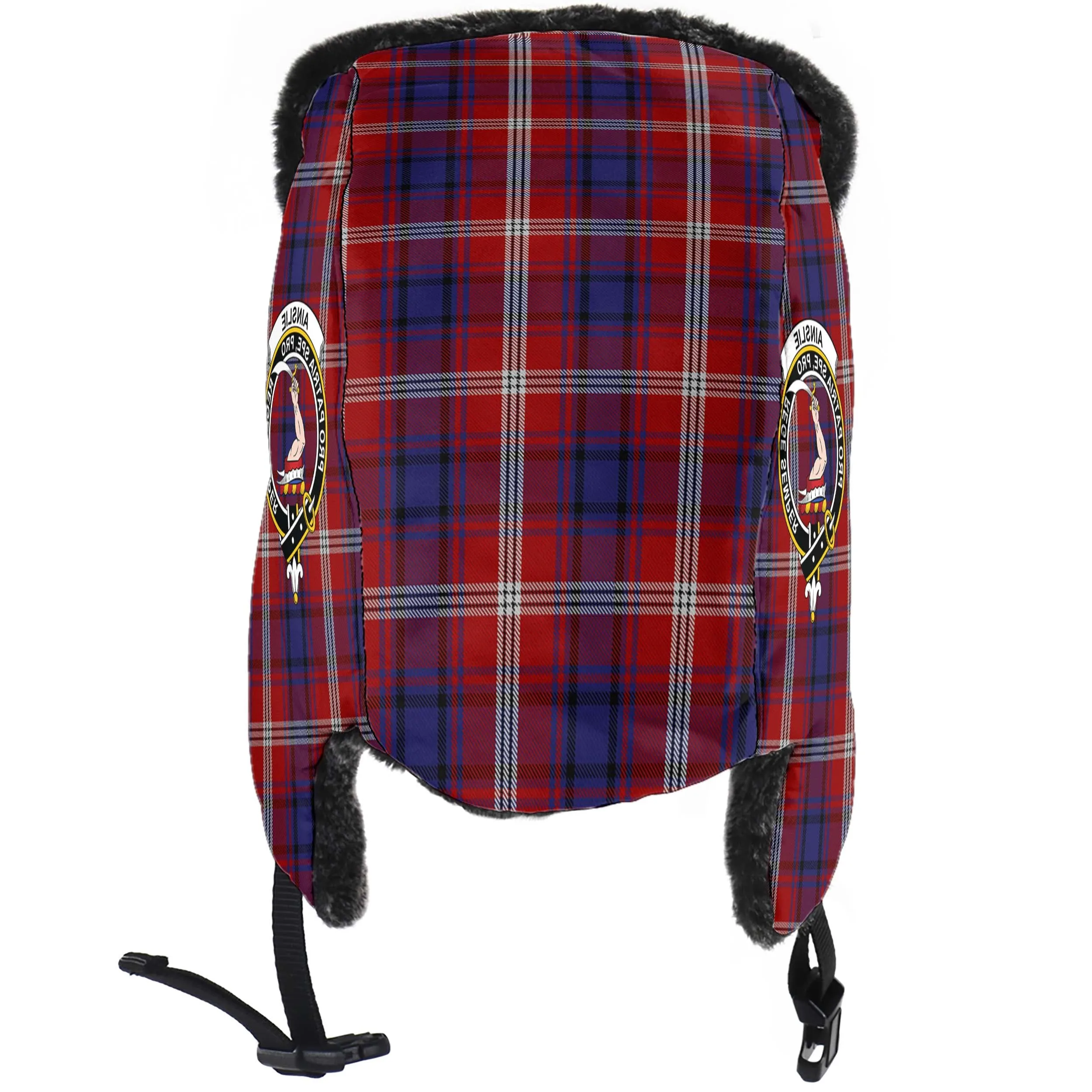 Ainslie Tartan Winter Trapper Hat with Family Crest