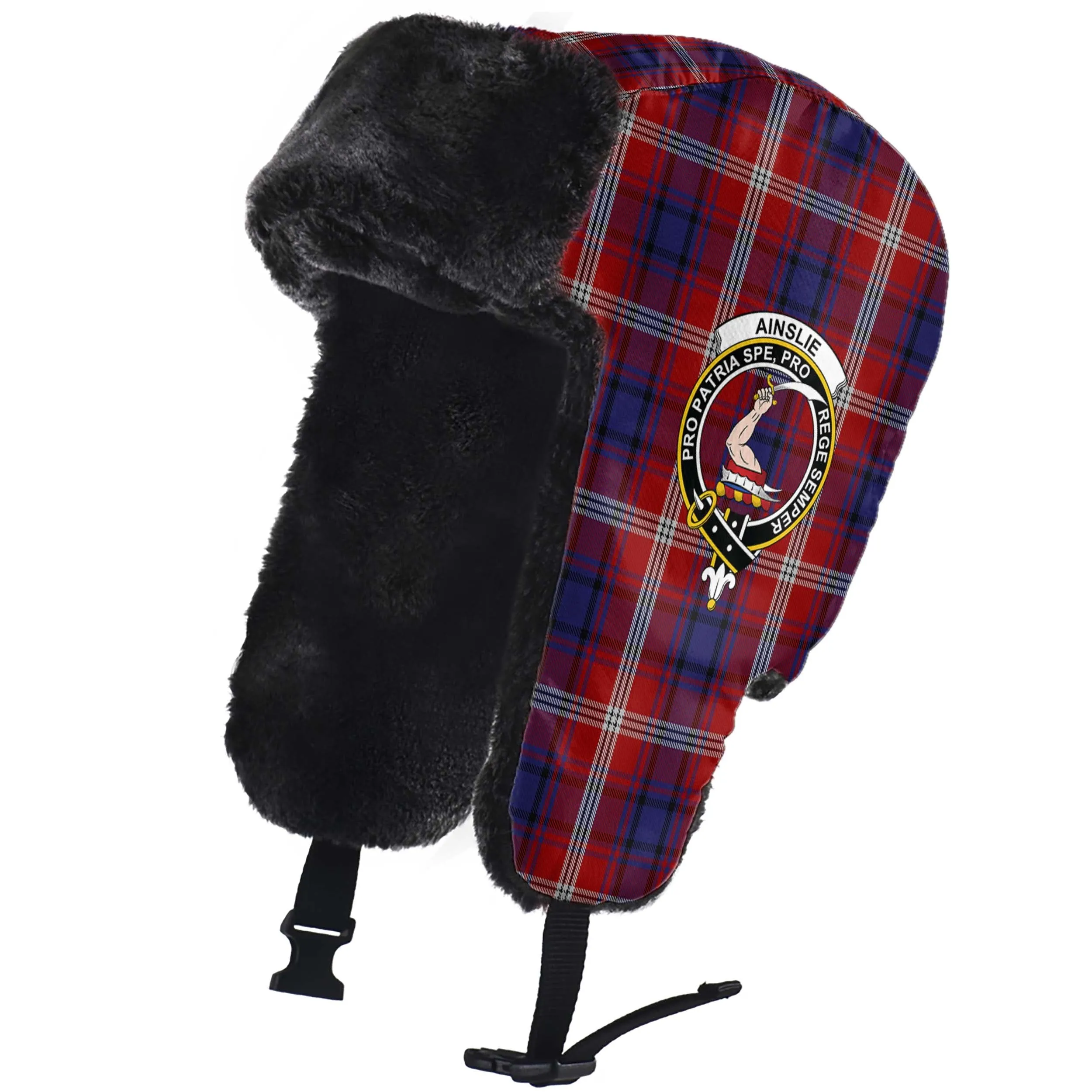 Ainslie Tartan Winter Trapper Hat with Family Crest