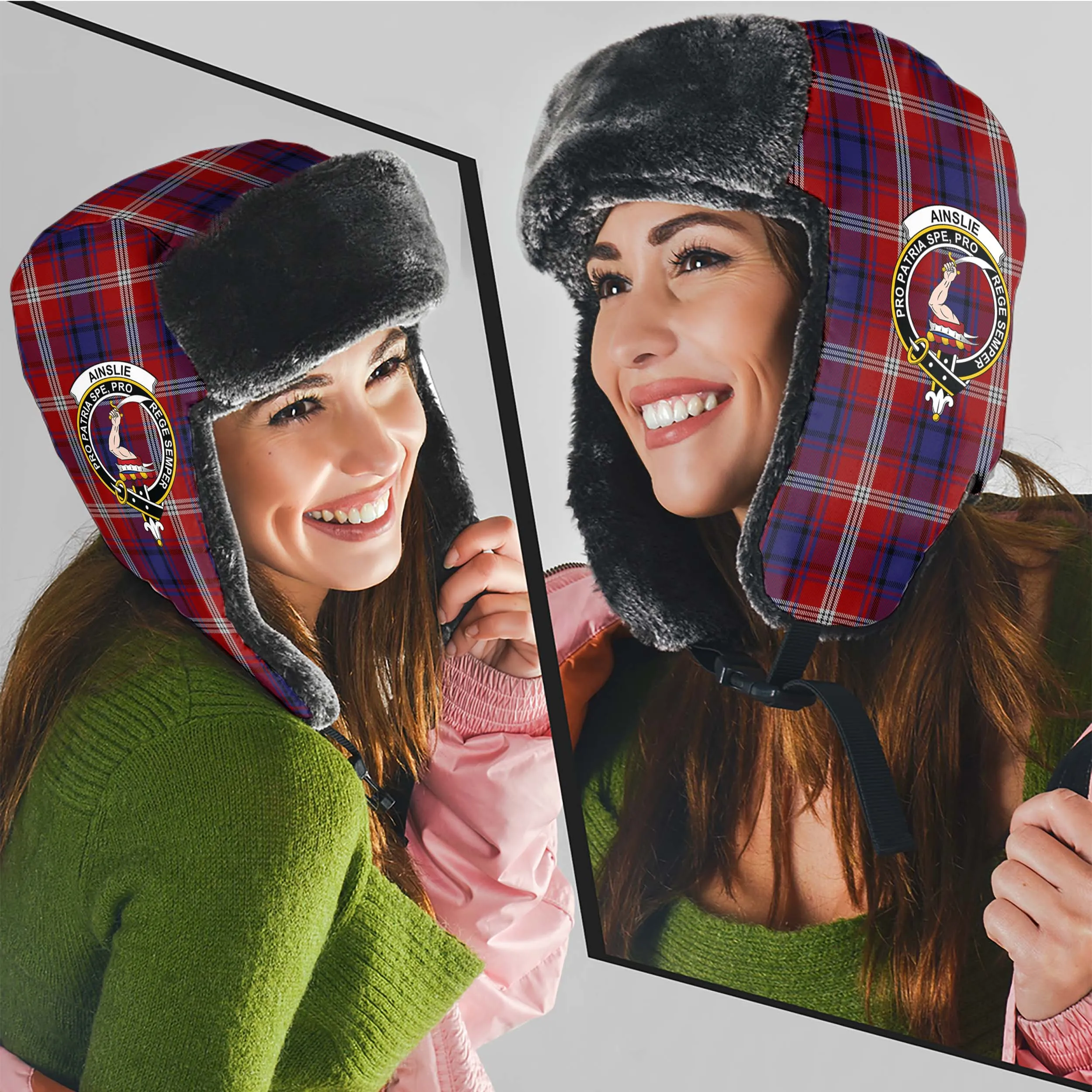 Ainslie Tartan Winter Trapper Hat with Family Crest