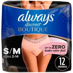 Always Discreet Boutique Adult Incontinence & Postpartum Underwear For Women, High-Rise, Size Small/Medium, Rosy, Maximum Absorbency, Disposable, 12 Count (Packaging May Vary)