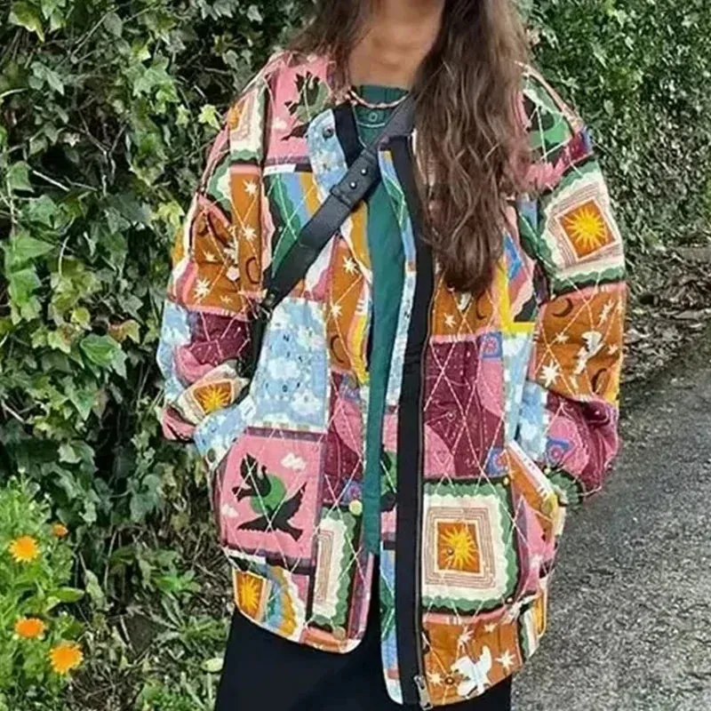 Artistic Patchwork Oversized Quilted Jacket for Women