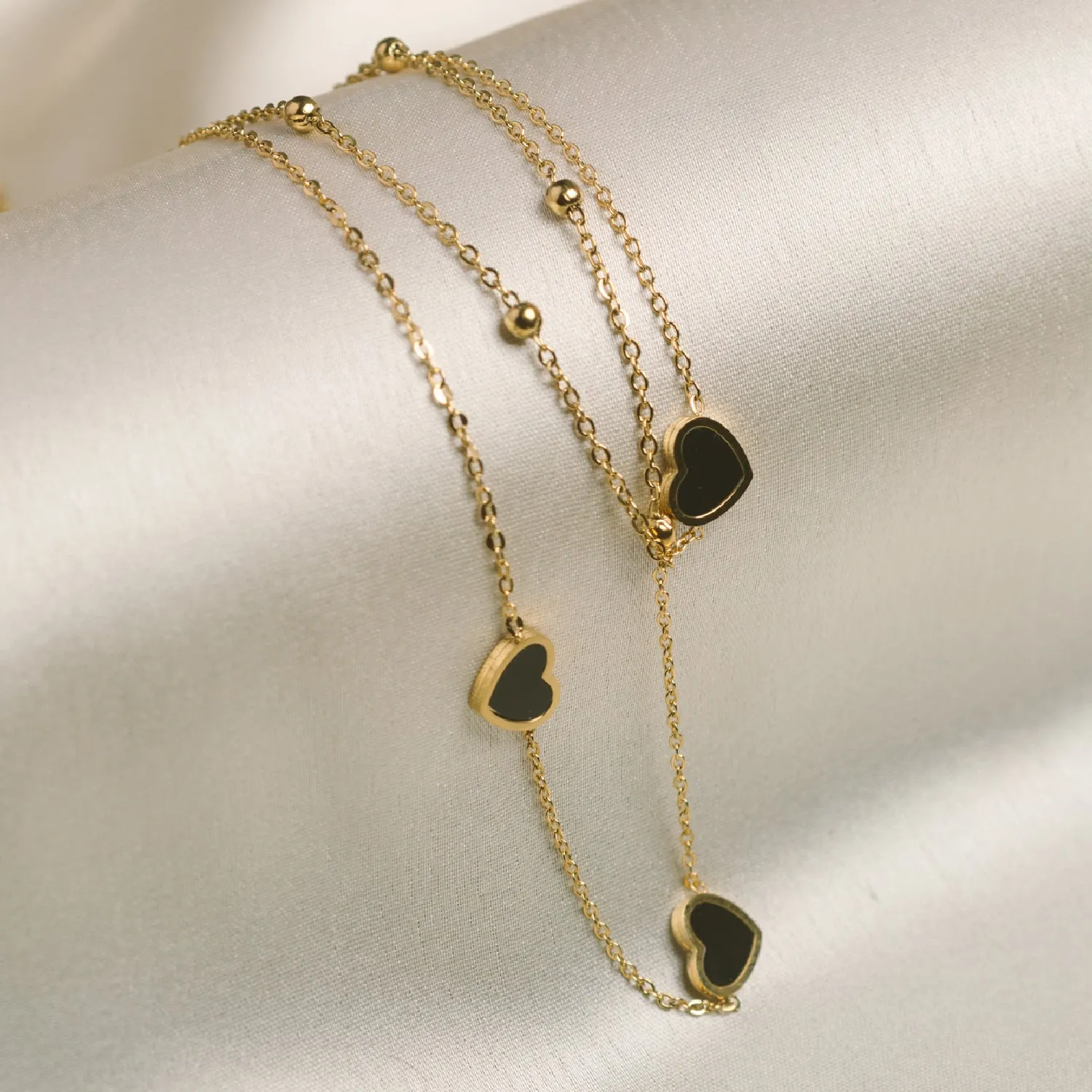 Artklim Gold Plated Double Layered Black Heart Pendant Necklace