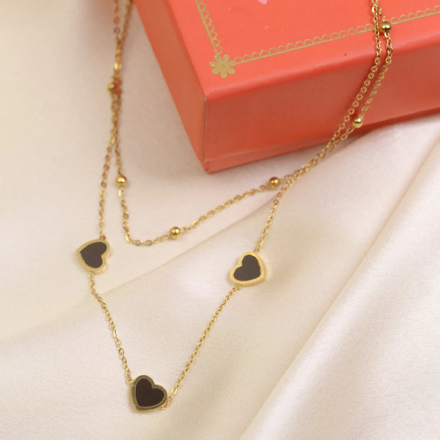 Artklim Gold Plated Double Layered Black Heart Pendant Necklace