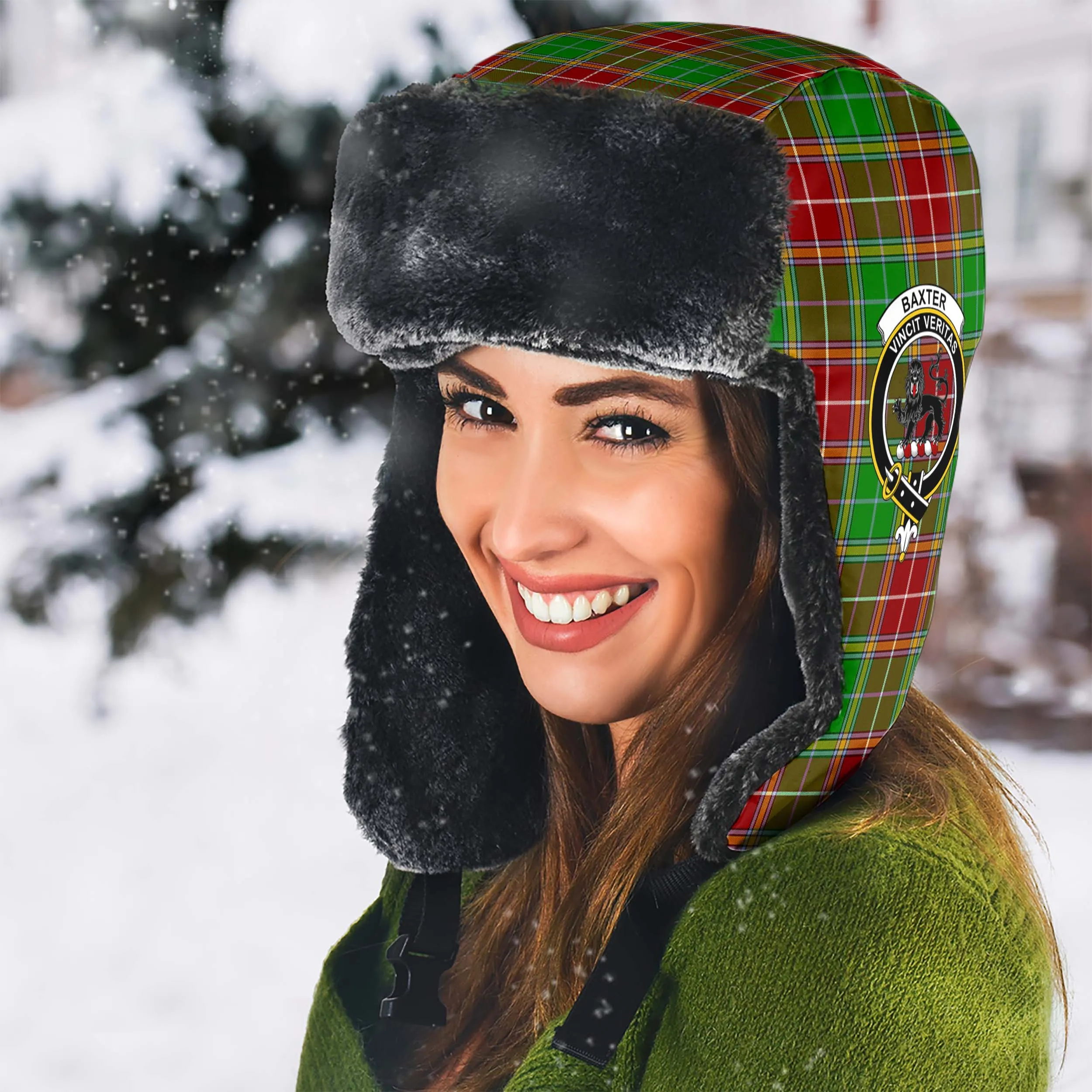 Baxter Modern Tartan Winter Trapper Hat with Family Crest