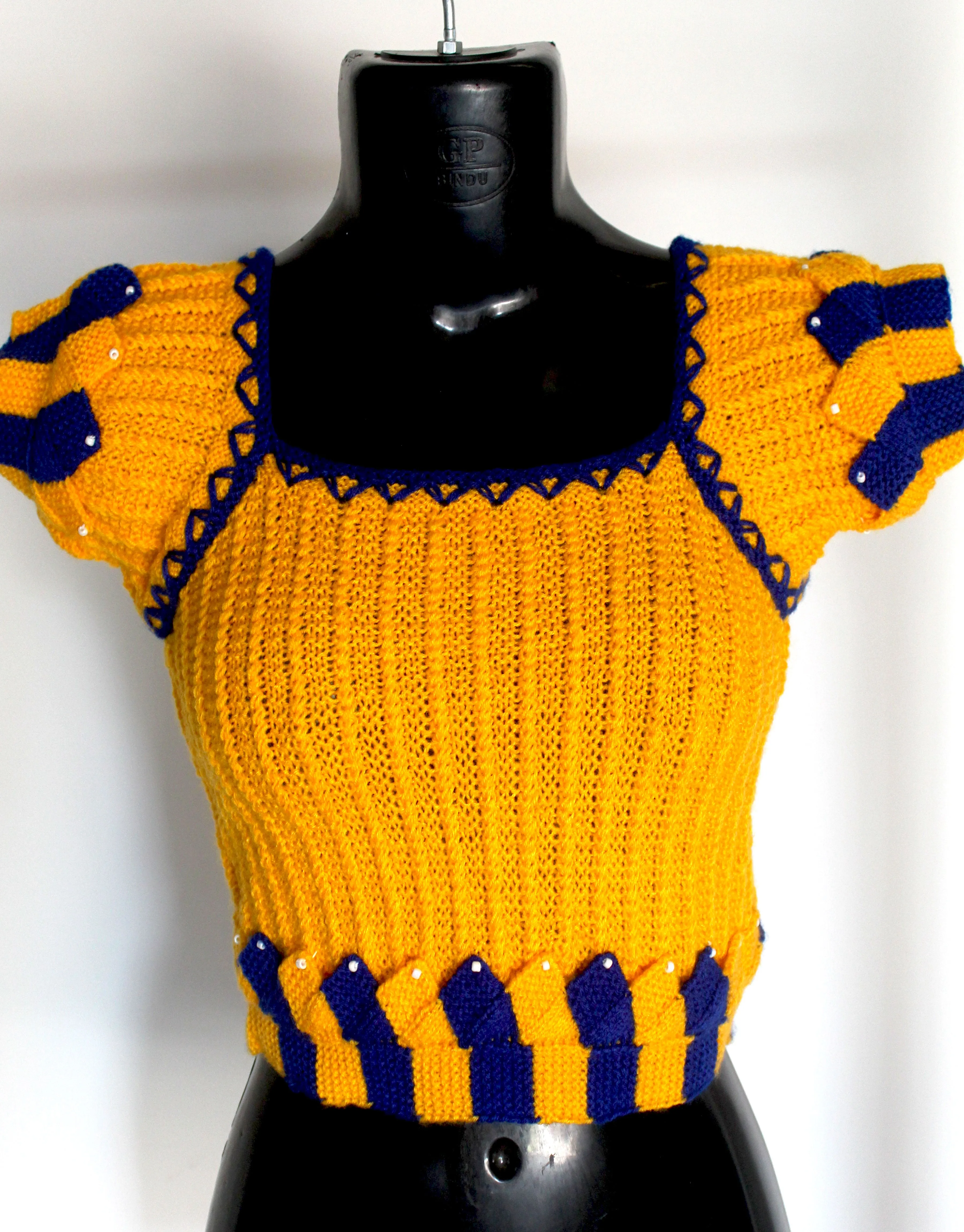 Beautiful Design Graminarts Handmade Woolen Knitted Women Blouse - Marigold & Navy Blue