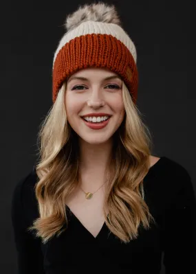 Beige & Rust Color Block Pom Hat