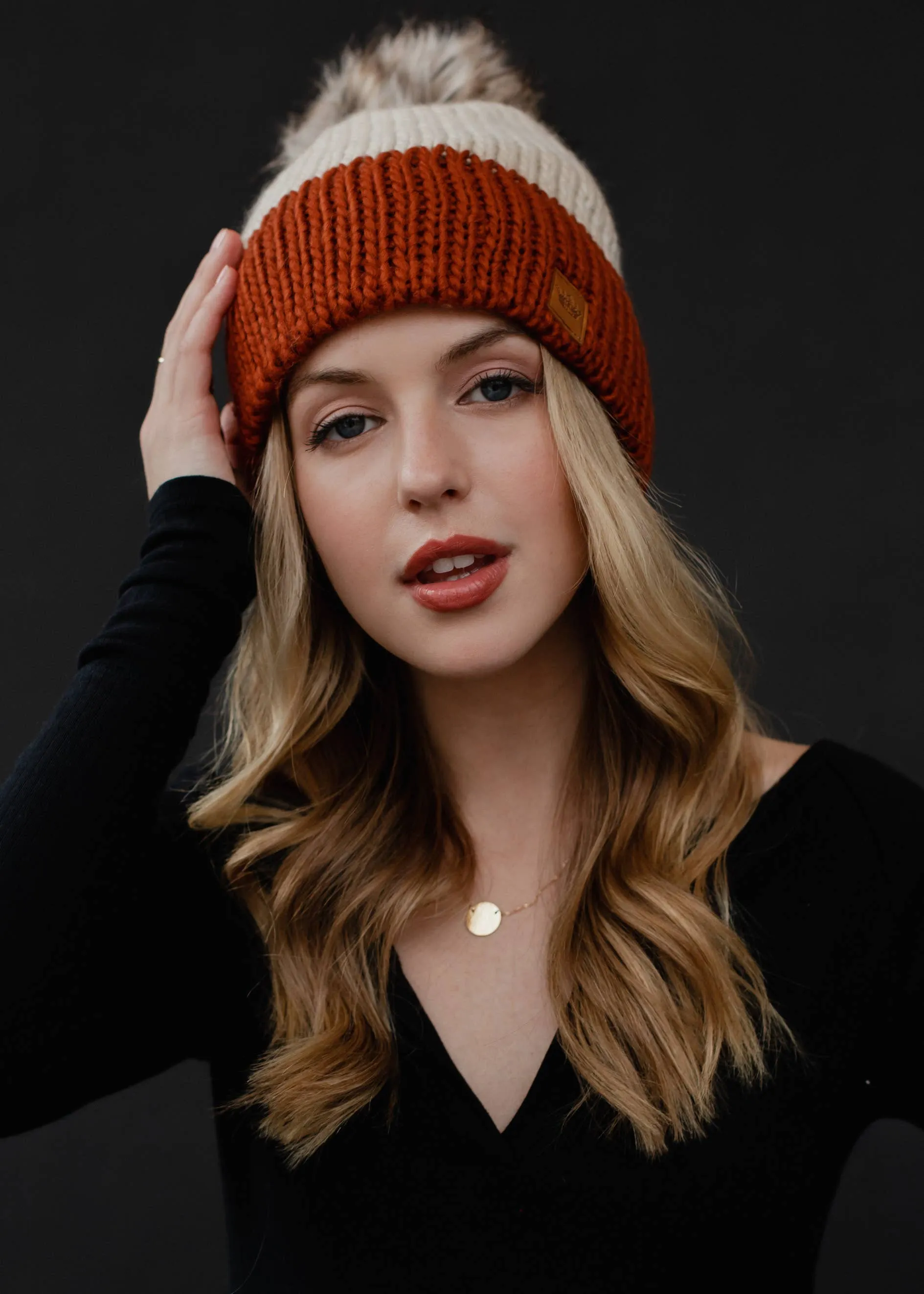 Beige & Rust Color Block Pom Hat