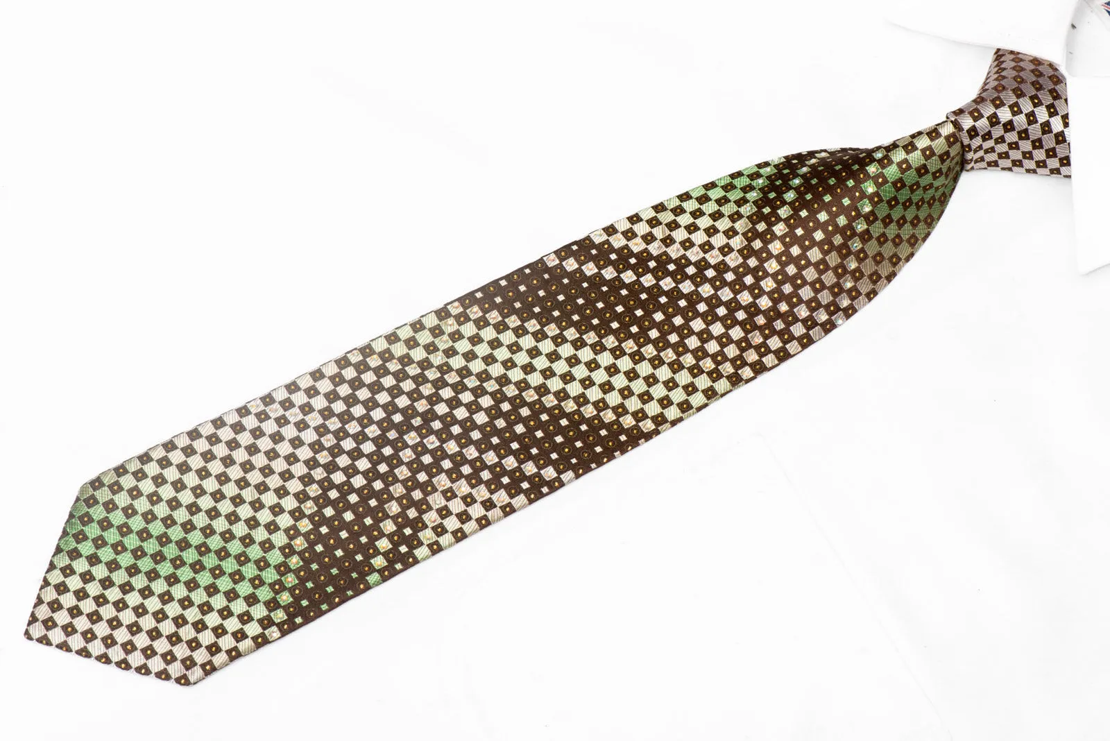 Beige Green Checkered On Brown Rhinestone Silk Tie With Sparkles