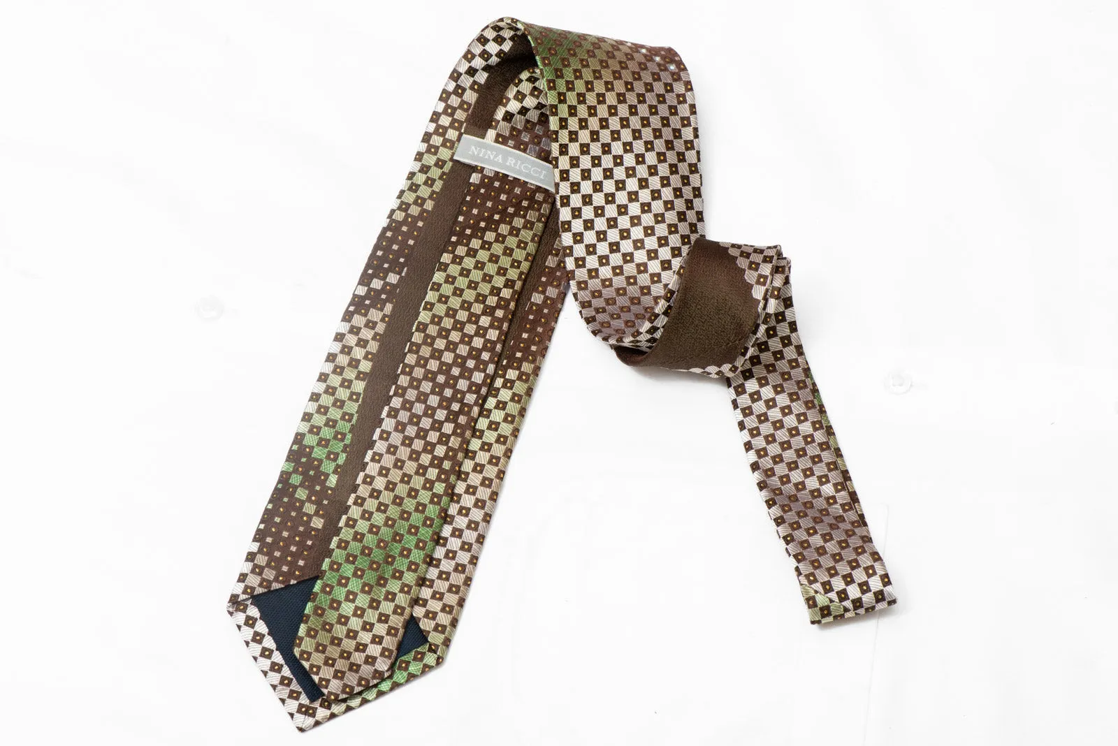 Beige Green Checkered On Brown Rhinestone Silk Tie With Sparkles