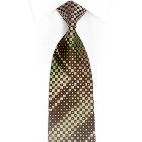 Beige Green Checkered On Brown Rhinestone Silk Tie With Sparkles