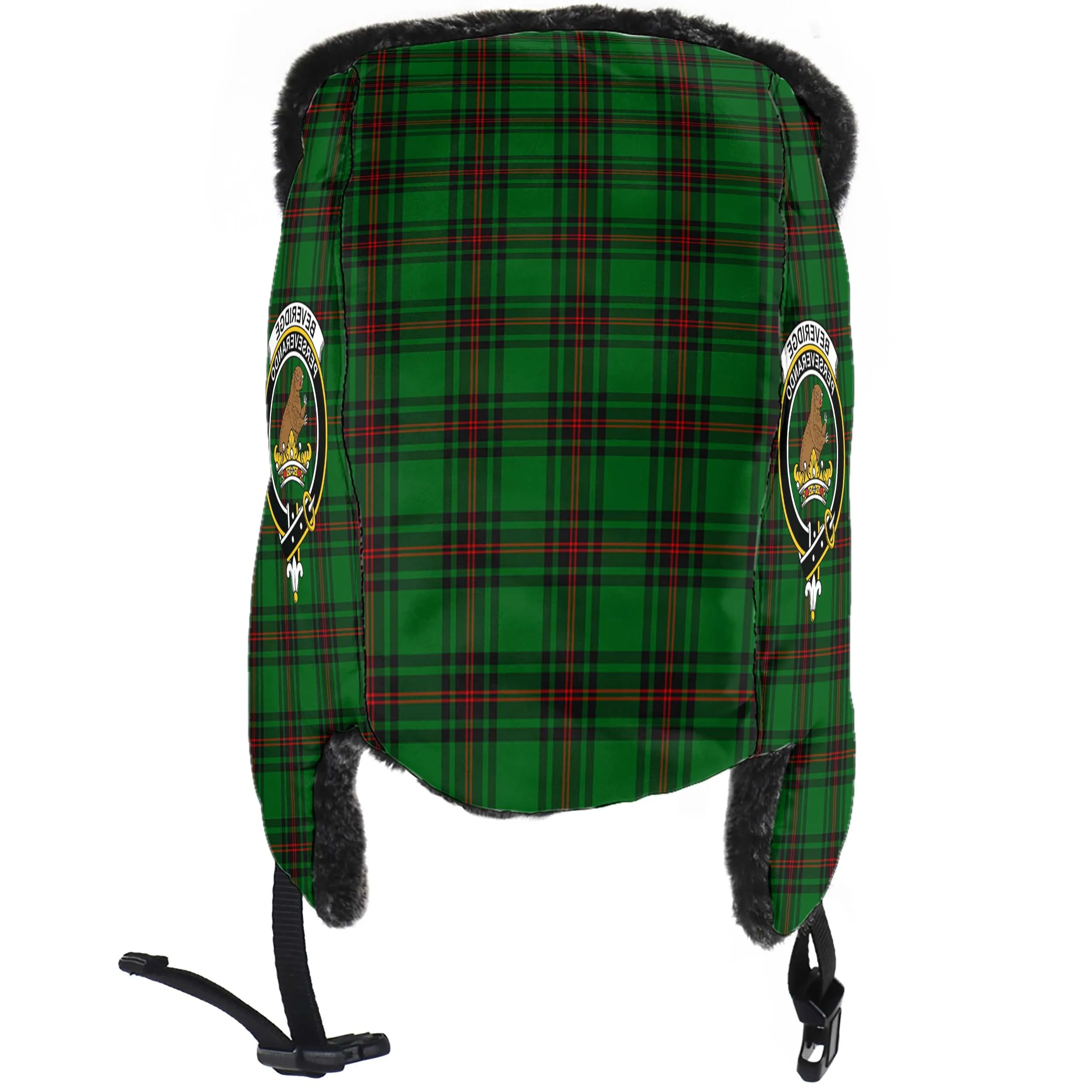 Beveridge Tartan Winter Trapper Hat with Family Crest