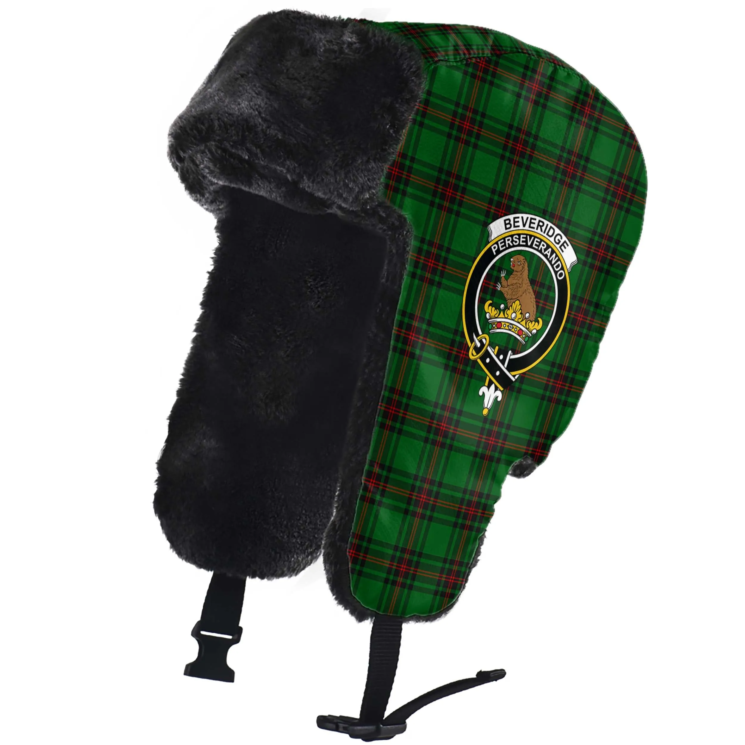 Beveridge Tartan Winter Trapper Hat with Family Crest