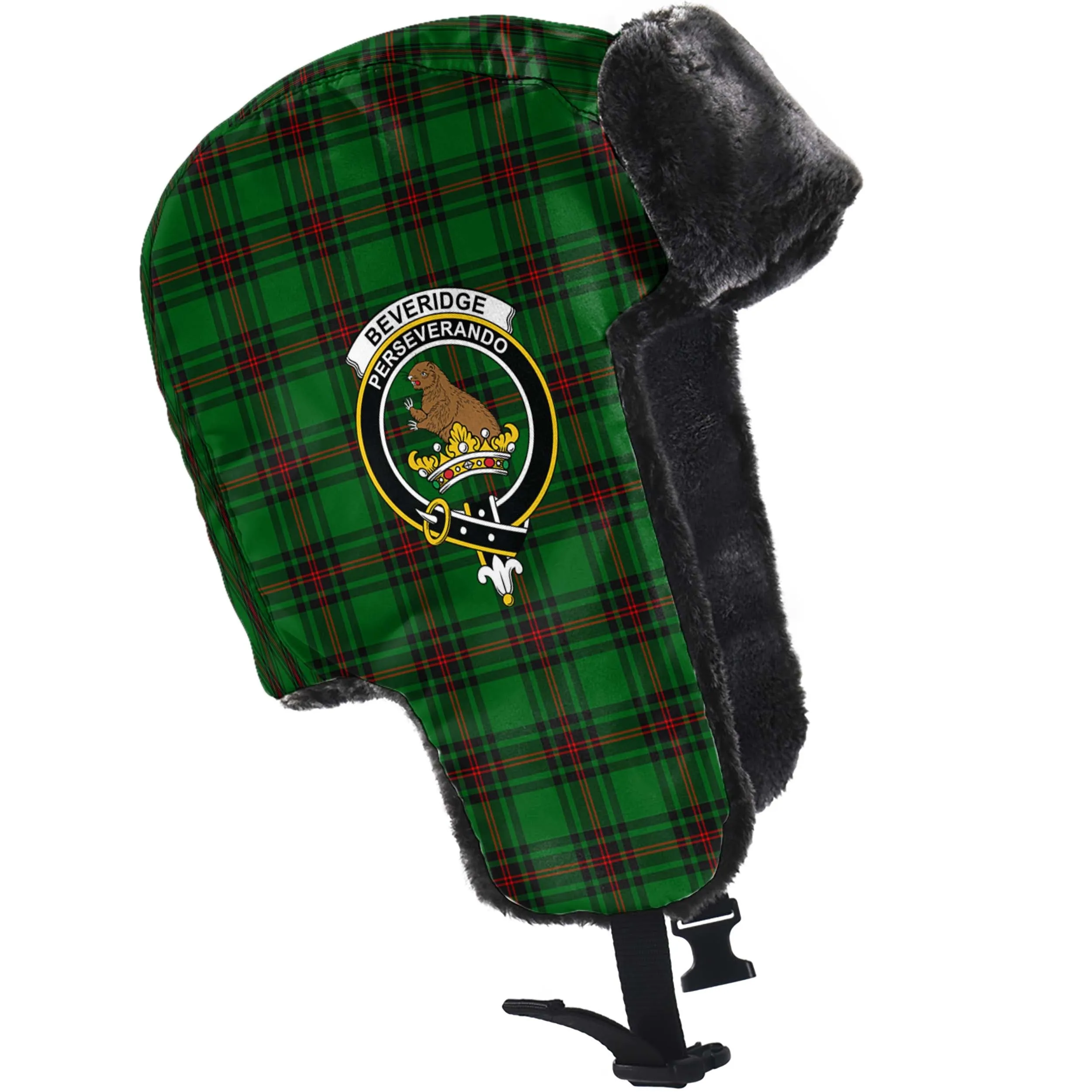 Beveridge Tartan Winter Trapper Hat with Family Crest