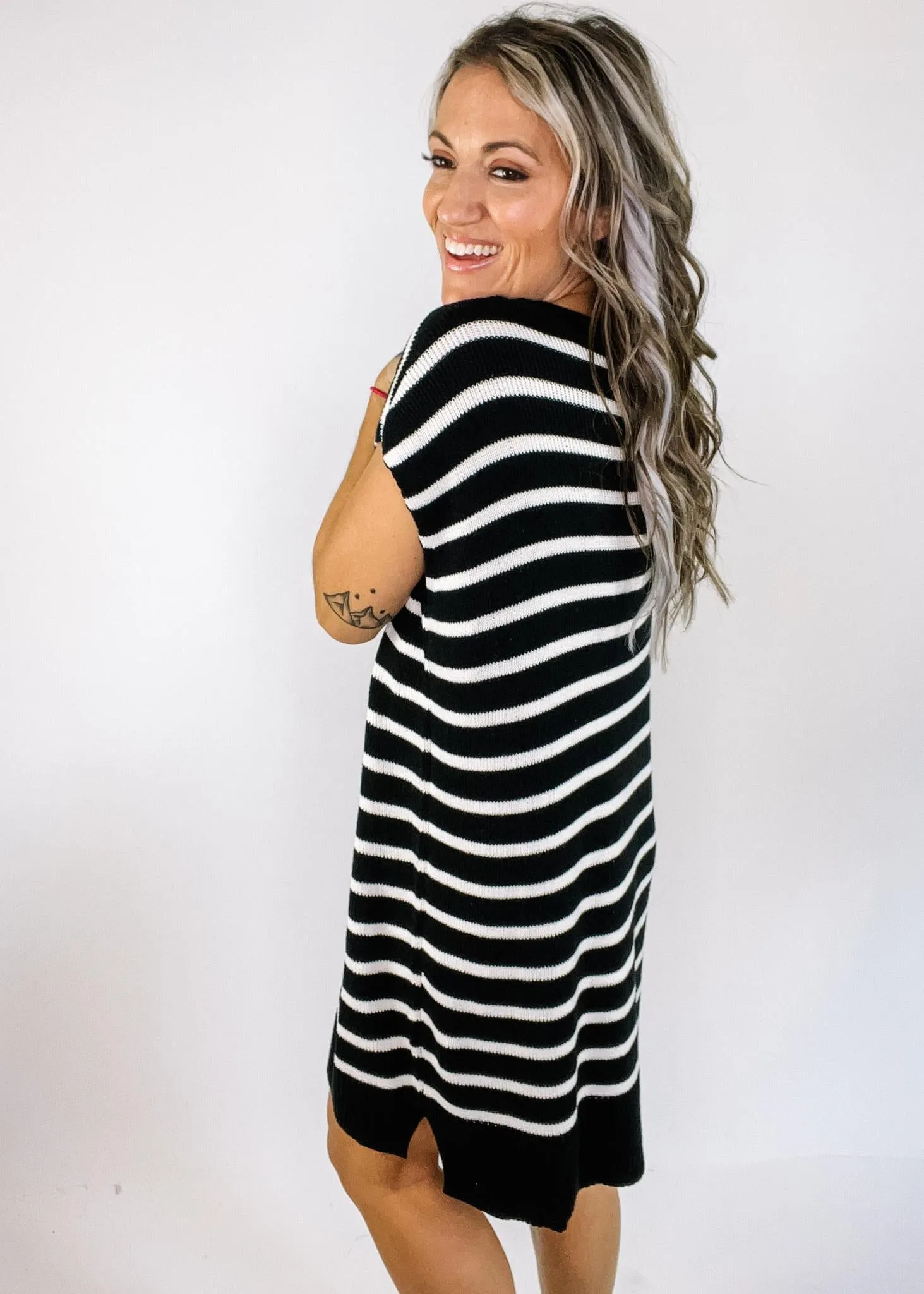 Black and White Stripe Knit Sweater Dress