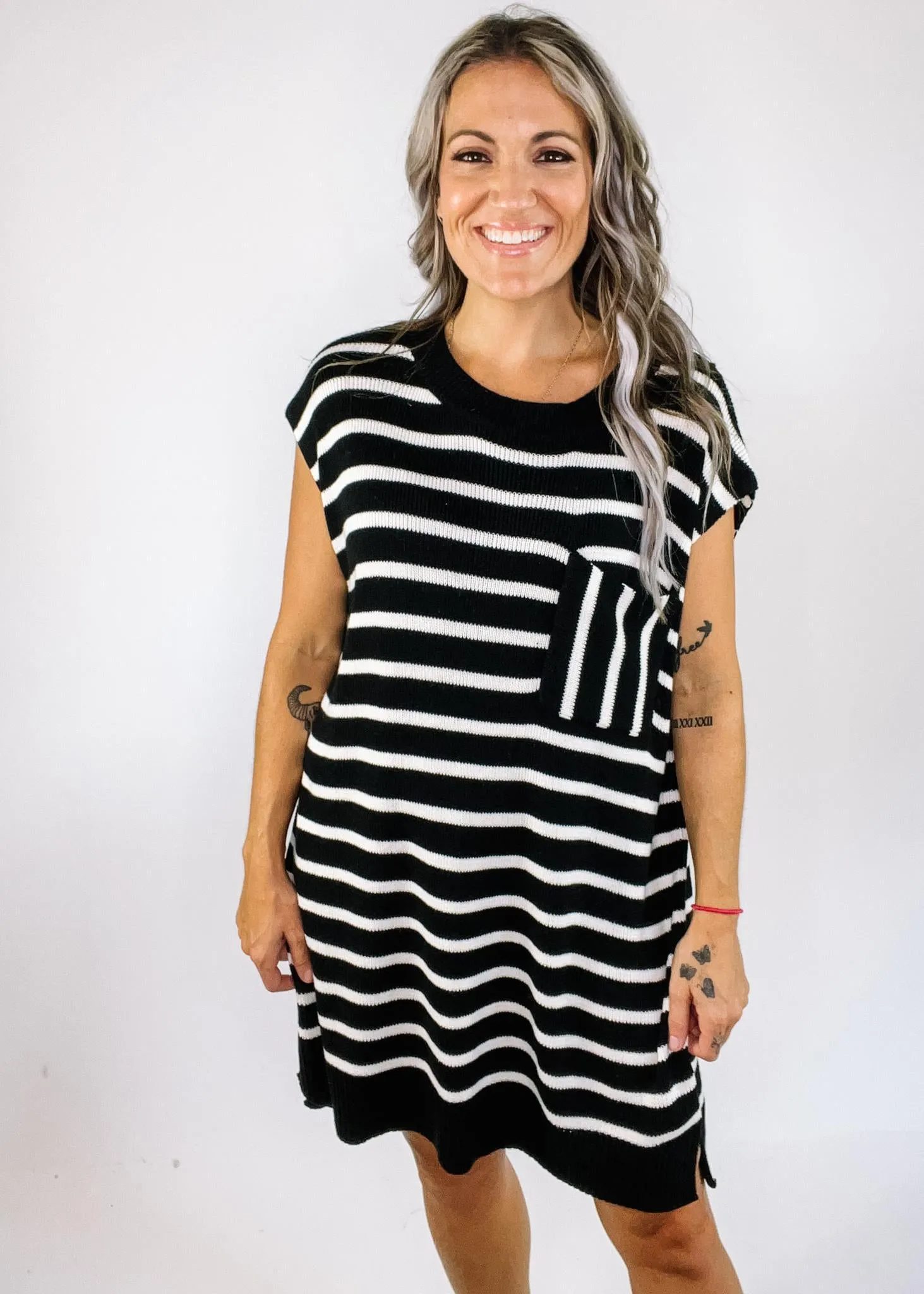 Black and White Stripe Knit Sweater Dress