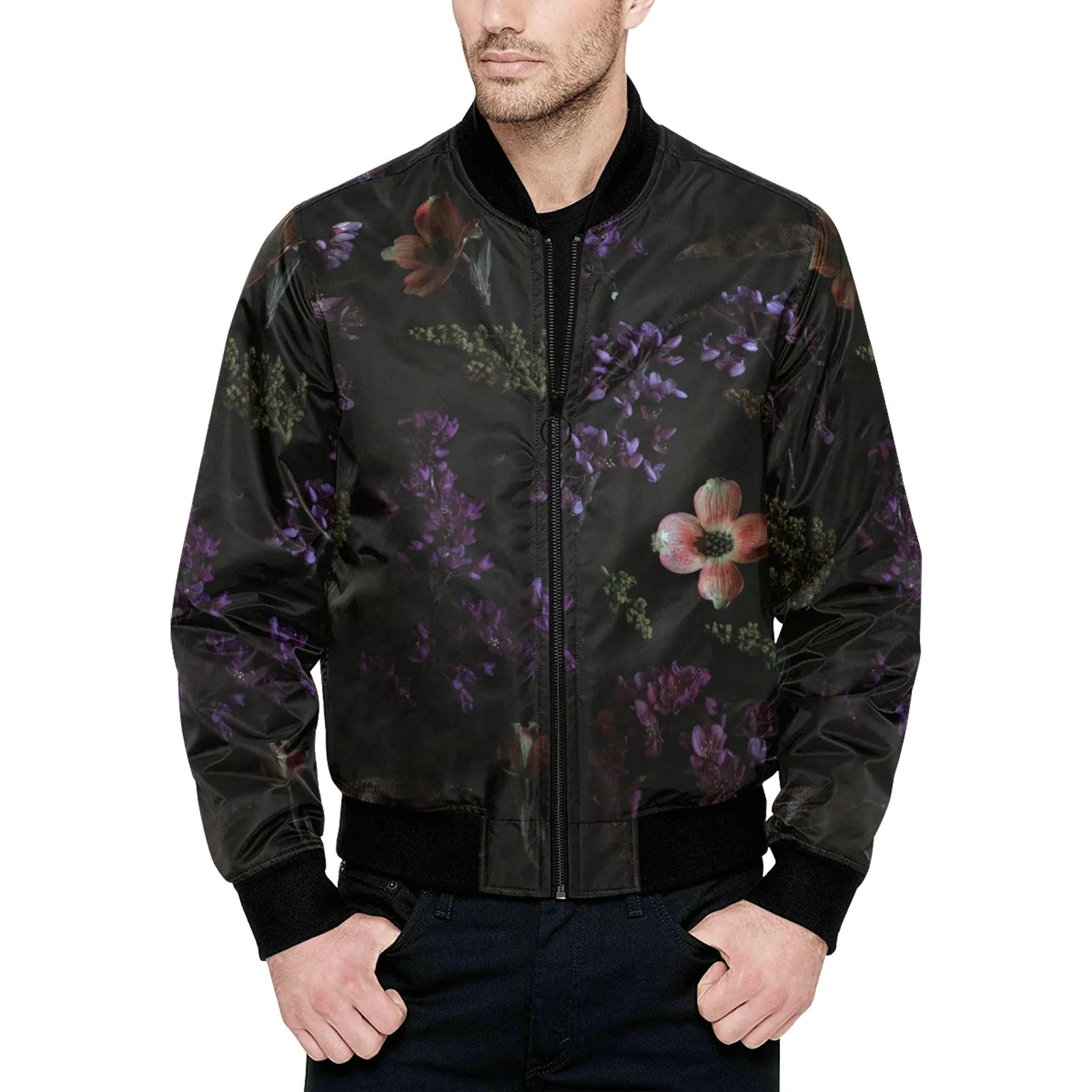 Black Floral Unisex Quilted Bomber Jacket