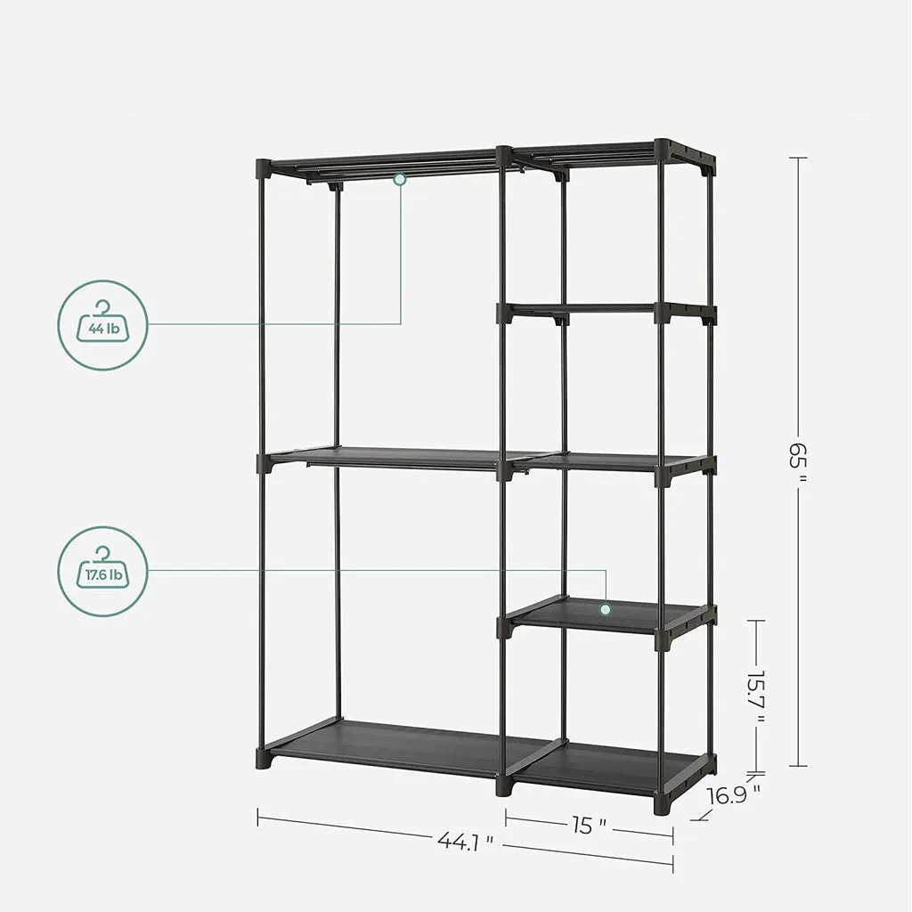 Black Portable Closet Wardrobe, 2 Hanging Rods, Metal Frame