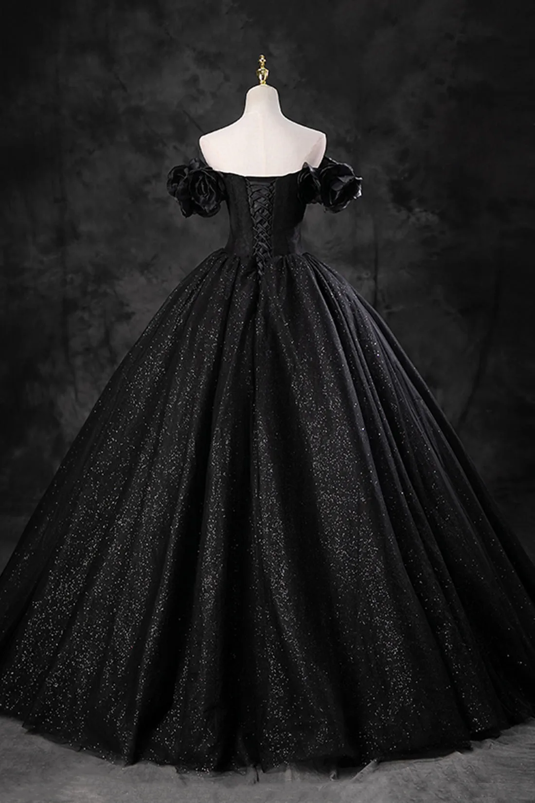 Black Tulle Floor Length A-Line Prom Dress, Off the Shoulder Evening Party Dress