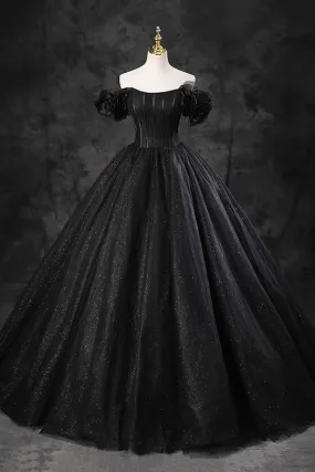 Black Tulle Floor Length A-Line Prom Dress, Off the Shoulder Evening Party Dress