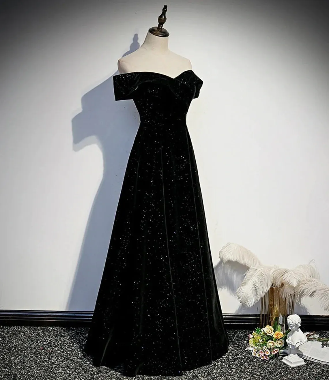 Black Velvet Off Shoulder Long Party Dress, Black Simple Prom Dress