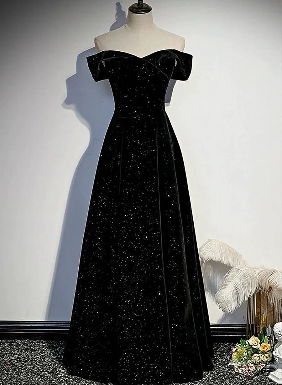 Black Velvet Off Shoulder Long Party Dress, Black Simple Prom Dress