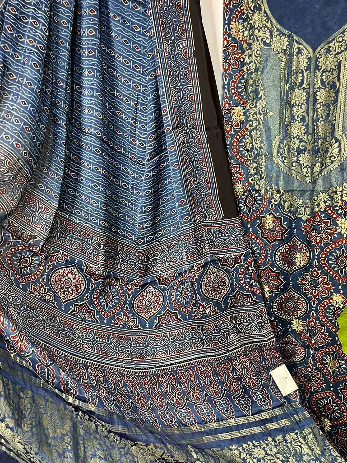 Blue Ajrakh Block Printed Pure Modal Silk Unstitched Two Piece Suit Set