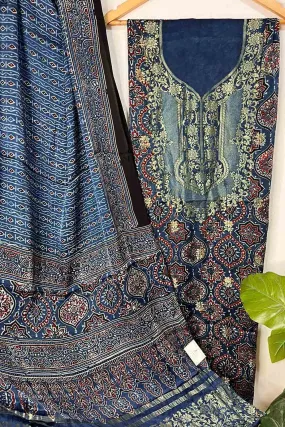 Blue Ajrakh Block Printed Pure Modal Silk Unstitched Two Piece Suit Set