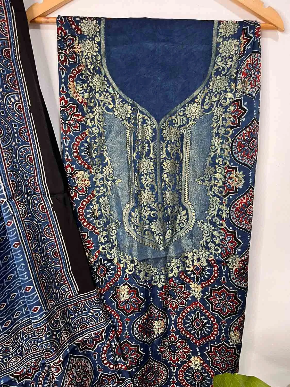 Blue Ajrakh Block Printed Pure Modal Silk Unstitched Two Piece Suit Set