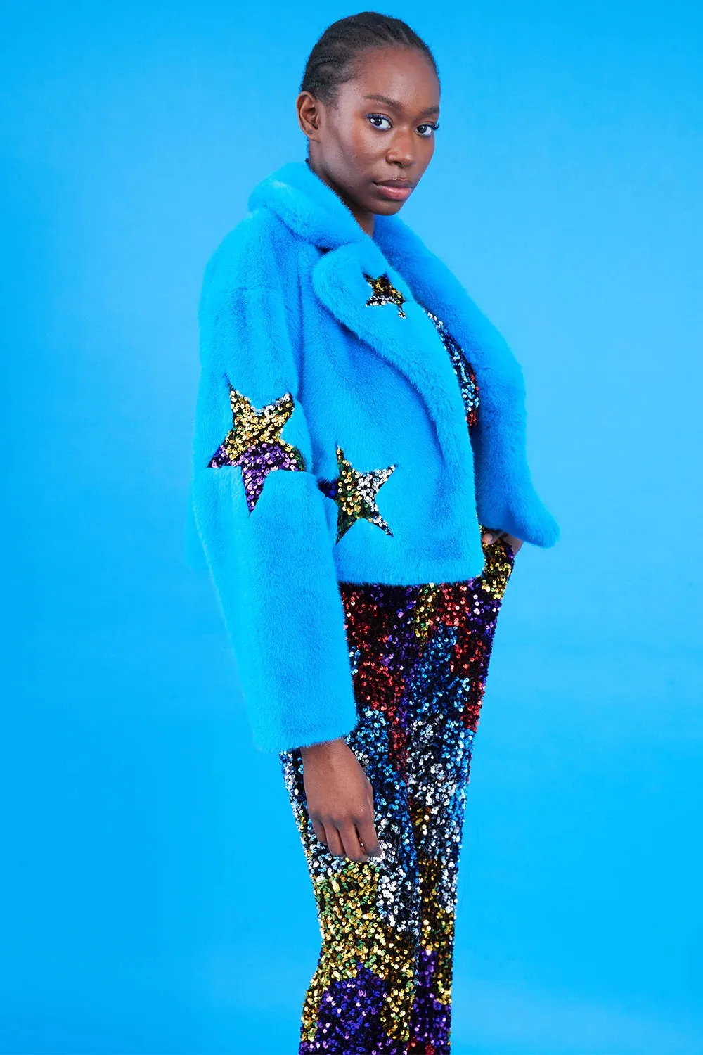 Blue Bamboo Faux Fur Sequins Star Jacket