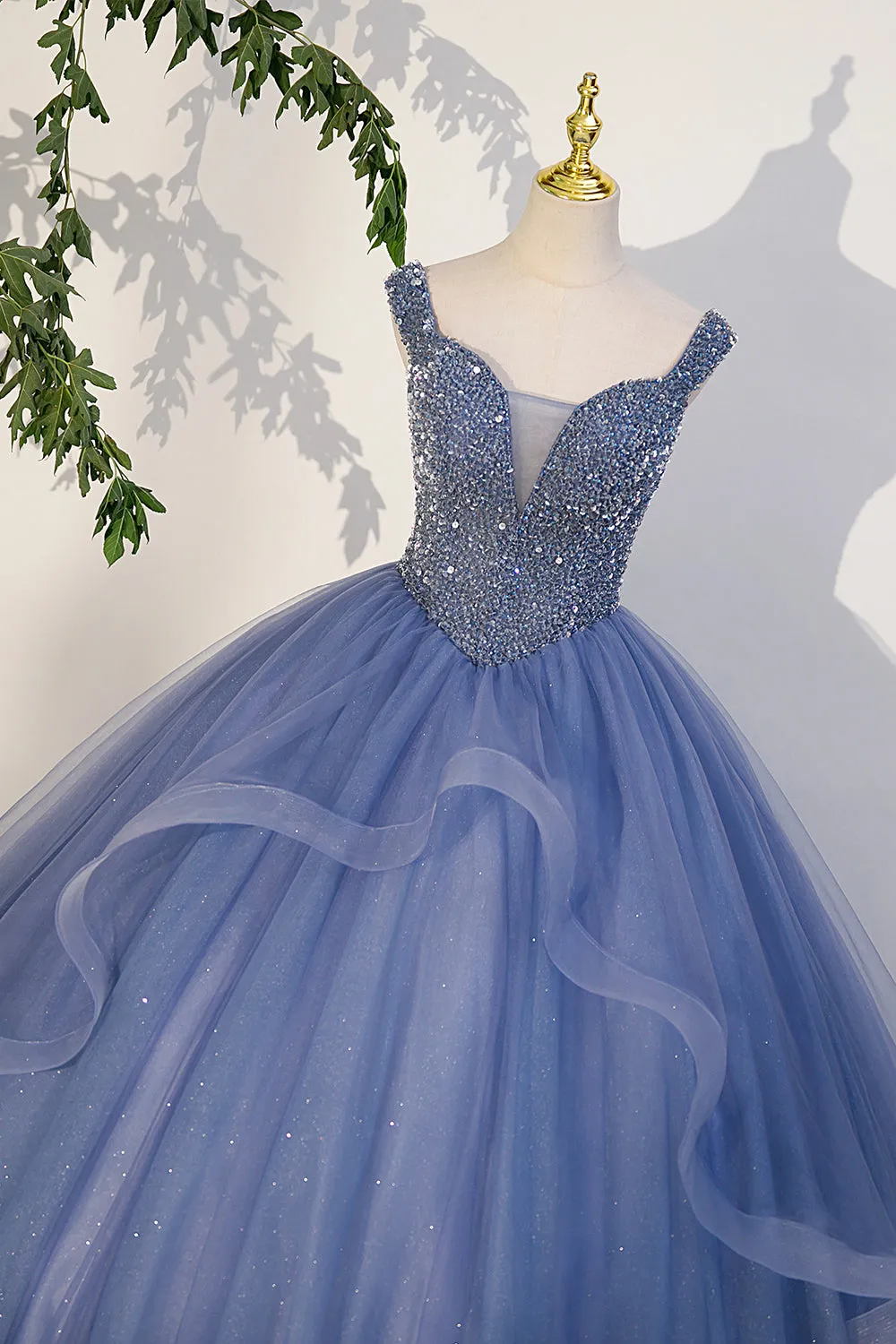 Blue Beaded Tulle Long A-Line Prom Dress, Blue Formal Dress