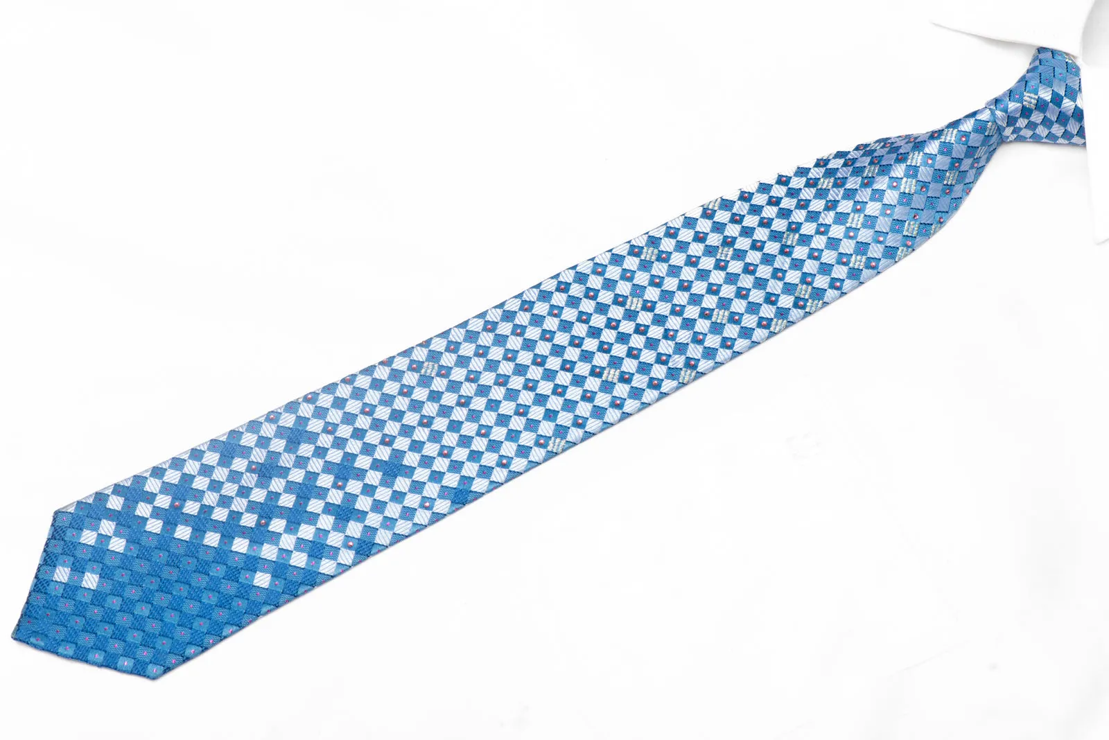 Blue Checkered Rhinestone Silk Tie With Purple Sparkles