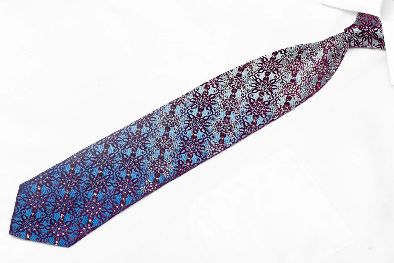 Blue Marrakesh On Purple Rhinestone Silk Tie With Silver Sparkles