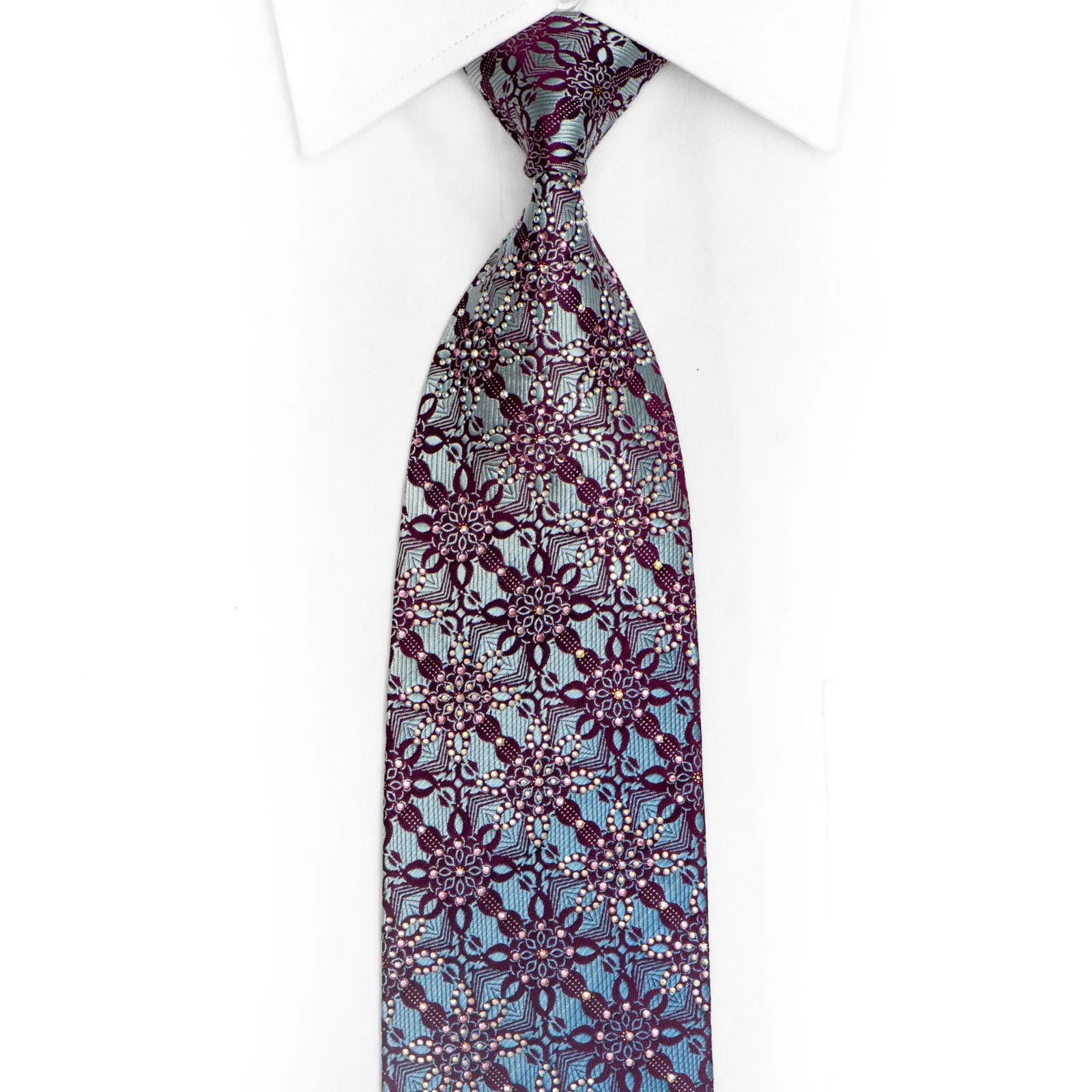 Blue Marrakesh On Purple Rhinestone Silk Tie With Silver Sparkles