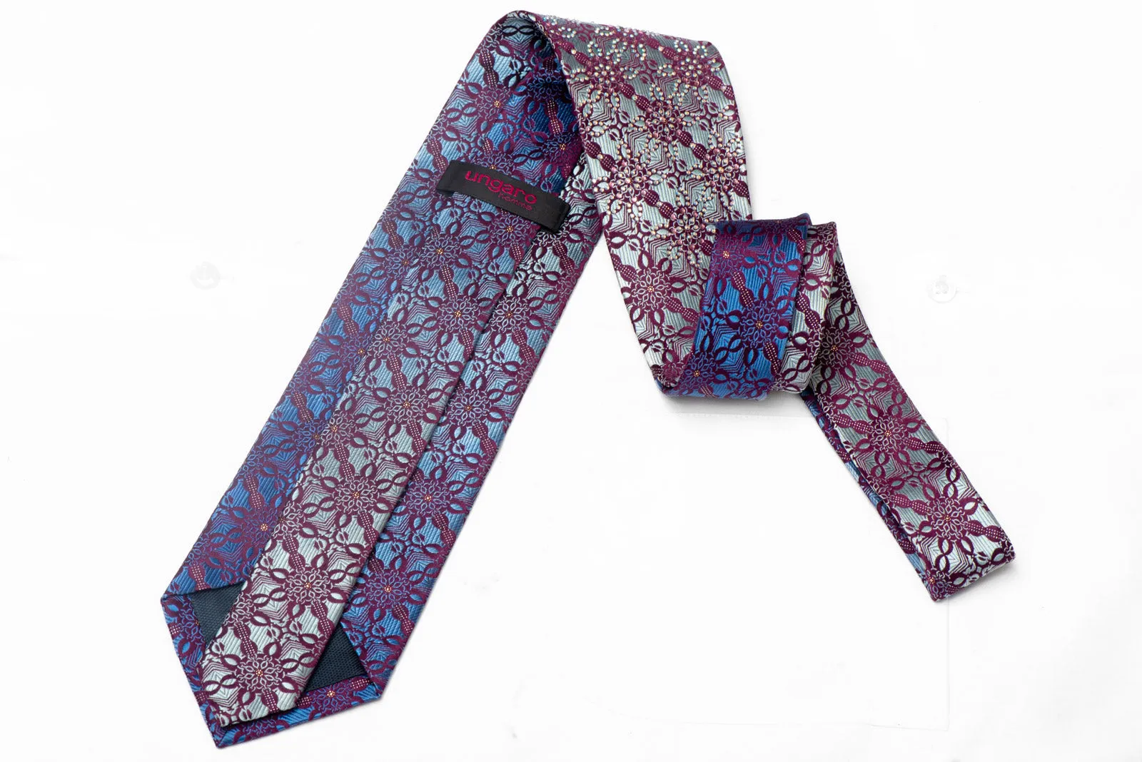 Blue Marrakesh On Purple Rhinestone Silk Tie With Silver Sparkles